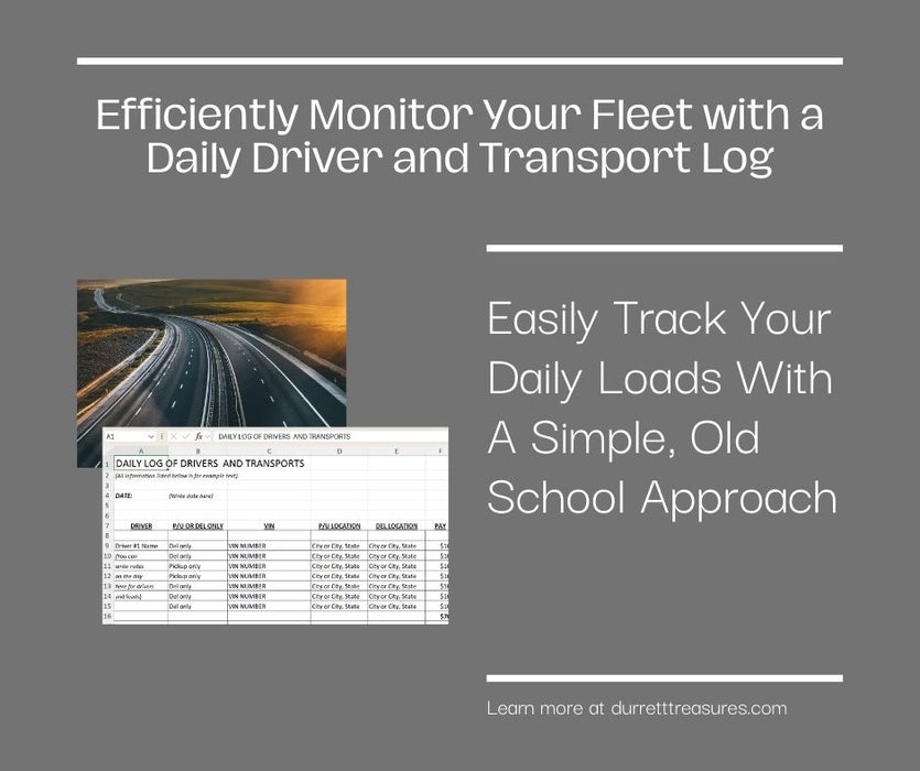 Daily Log of Drivers and Transports-Spreadsheet to Download Immediately - Durrett Garage