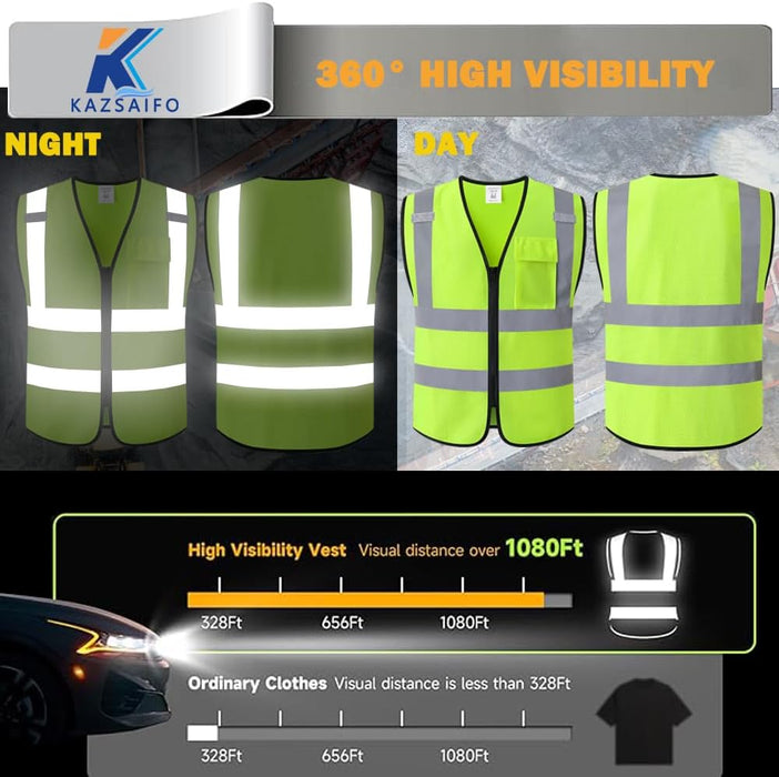 Hi Vis Reflective Safety Vest for Men Women with Chest Pocket Mesh High Visibility Class 2 Construction Vest,Meets ANSI/ISEA Standard(Kz179-Yellow-L)