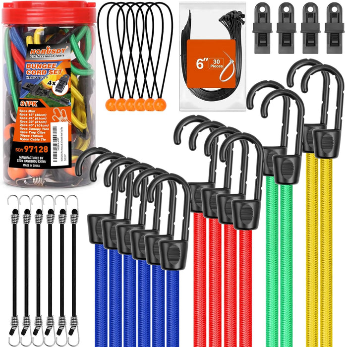 31-Piece Premium Bungee Cords Assortment Jar, Includes 10”,18”,24”,32”,40” Bungee Cords, 6“ Zip Ties, 8”Canopy/Tarp Ball Ties and Crocodile Mouth Tarp Clips