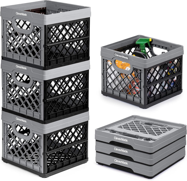 Collapsible Milk Crate, Obsidian, 1PK - 25L (6 Gal) Stackable Storage Bins, Holds 50Lbs per Bin - Clevercrates Are Heavy Duty, Plastic Collapsible Storage Crate for Multi Purposes
