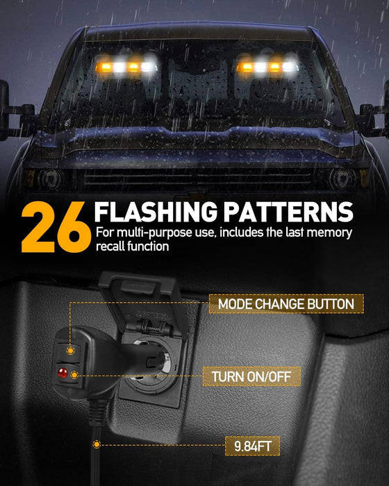 2002L Emergency Dash Strobe Lights: Amber White Safety Lights, Flashing Warning Hazard Windshield Visor Traffic Light Bars for Trucks, Construction Vehicles (2X8.5 Inch, 48LED)