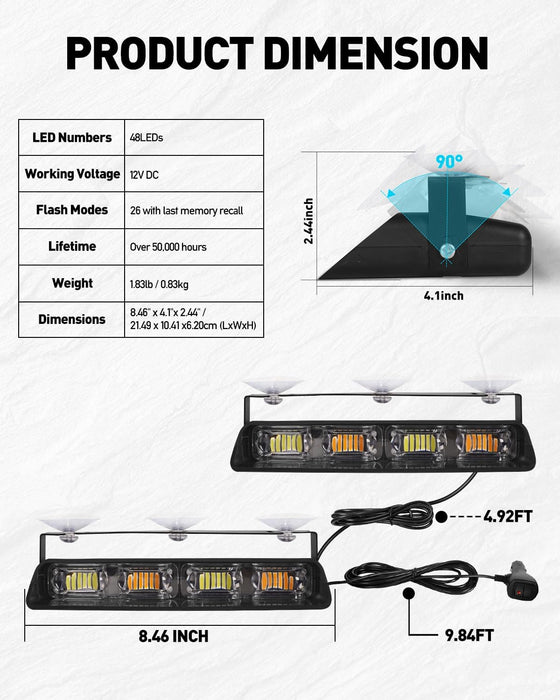 2002L Emergency Dash Strobe Lights: Amber White Safety Lights, Flashing Warning Hazard Windshield Visor Traffic Light Bars for Trucks, Construction Vehicles (2X8.5 Inch, 48LED)
