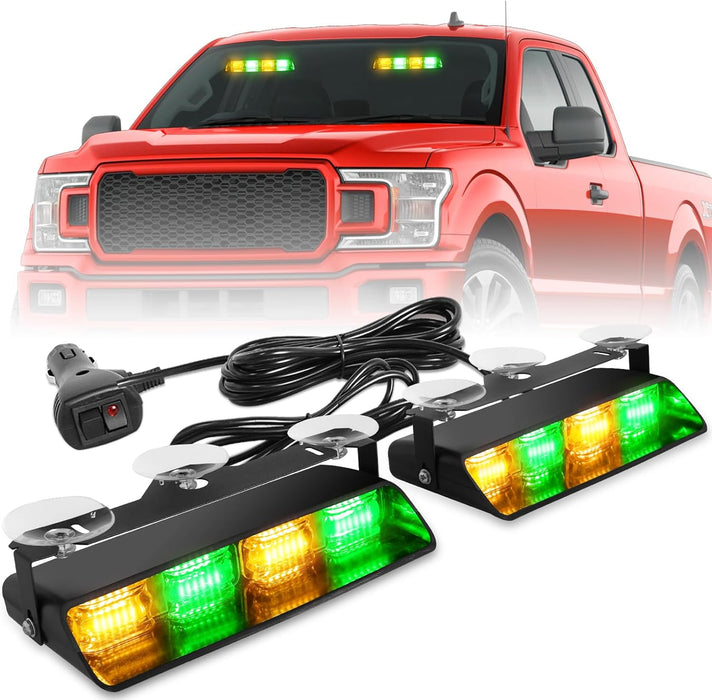 2002L Emergency Dash Strobe Lights: Amber White Safety Lights, Flashing Warning Hazard Windshield Visor Traffic Light Bars for Trucks, Construction Vehicles (2X8.5 Inch, 48LED)