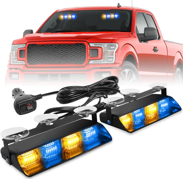 2002L Emergency Dash Strobe Lights: Amber White Safety Lights, Flashing Warning Hazard Windshield Visor Traffic Light Bars for Trucks, Construction Vehicles (2X8.5 Inch, 48LED)