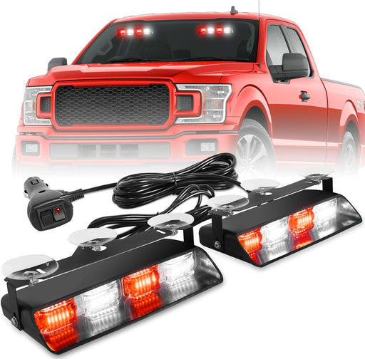 2002L Emergency Dash Strobe Lights: Amber White Safety Lights, Flashing Warning Hazard Windshield Visor Traffic Light Bars for Trucks, Construction Vehicles (2X8.5 Inch, 48LED)