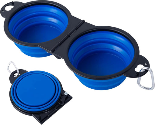 Collapsible Dog Dual Bowls Reinforced Rim 180 Degrees Flip over Foldable Double Bowl with Lock Clips More Stable Dog Travel Bowls Pet Food Water Feeder (Blue)