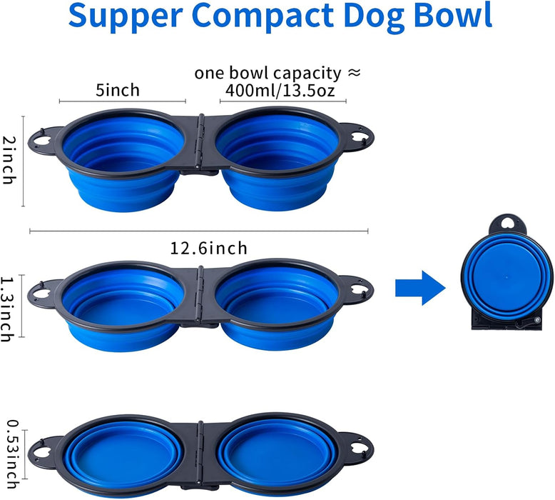 Collapsible Dog Dual Bowls Reinforced Rim 180 Degrees Flip over Foldable Double Bowl with Lock Clips More Stable Dog Travel Bowls Pet Food Water Feeder (Blue)