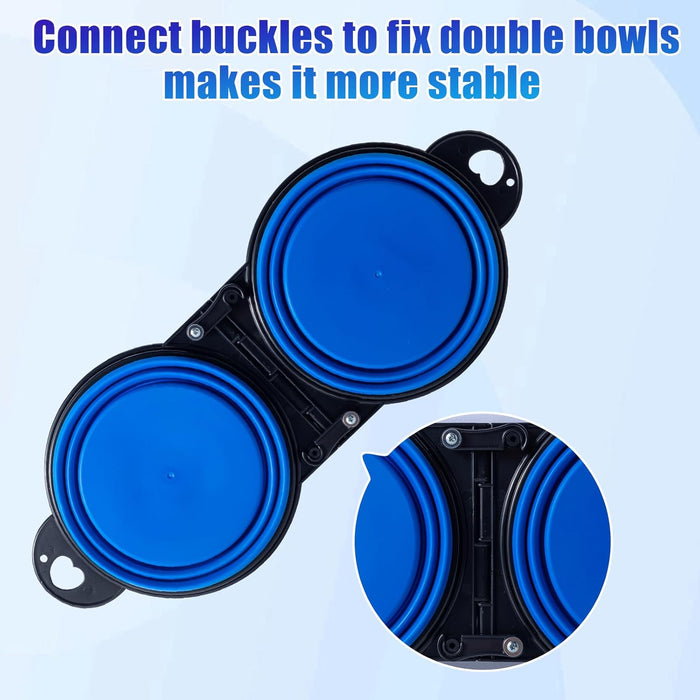 Collapsible Dog Dual Bowls Reinforced Rim 180 Degrees Flip over Foldable Double Bowl with Lock Clips More Stable Dog Travel Bowls Pet Food Water Feeder (Blue)