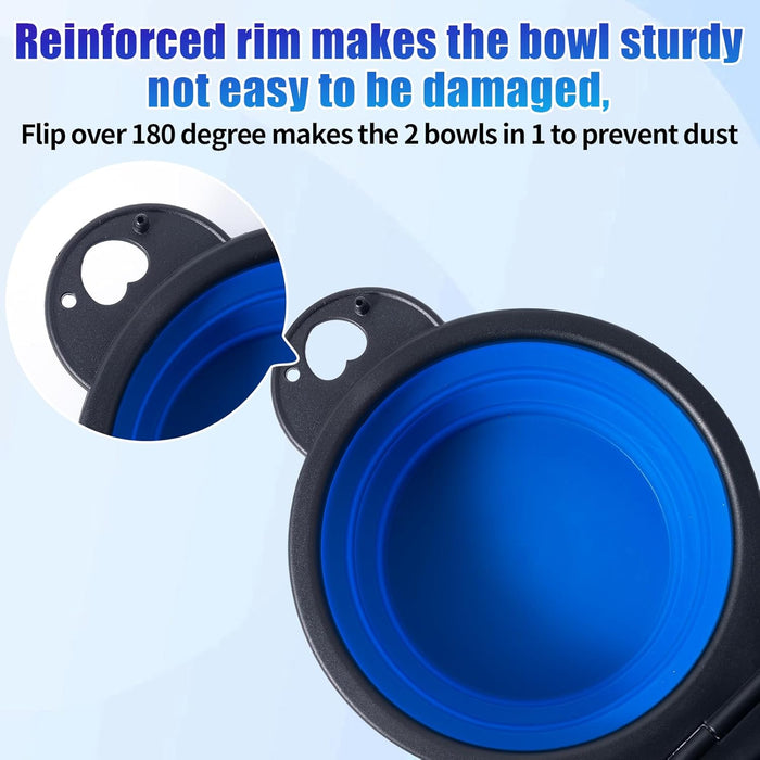 Collapsible Dog Dual Bowls Reinforced Rim 180 Degrees Flip over Foldable Double Bowl with Lock Clips More Stable Dog Travel Bowls Pet Food Water Feeder (Blue)