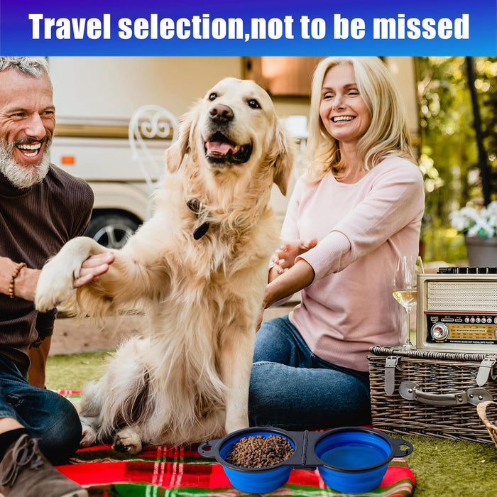 Collapsible Dog Dual Bowls Reinforced Rim 180 Degrees Flip over Foldable Double Bowl with Lock Clips More Stable Dog Travel Bowls Pet Food Water Feeder (Blue)