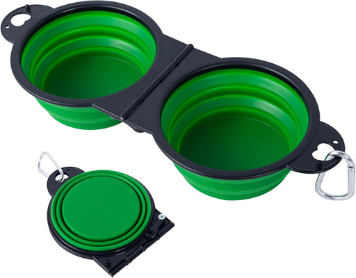 Collapsible Dog Dual Bowls Reinforced Rim 180 Degrees Flip over Foldable Double Bowl with Lock Clips More Stable Dog Travel Bowls Pet Food Water Feeder (Blue)