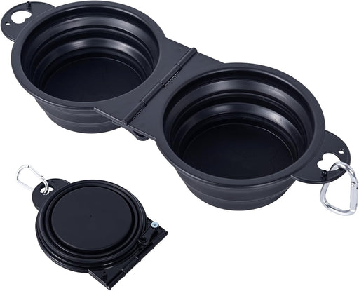 Collapsible Dog Dual Bowls Reinforced Rim 180 Degrees Flip over Foldable Double Bowl with Lock Clips More Stable Dog Travel Bowls Pet Food Water Feeder (Blue)