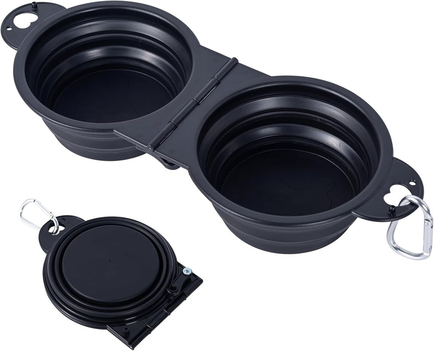 Collapsible Dog Dual Bowls Reinforced Rim 180 Degrees Flip over Foldable Double Bowl with Lock Clips More Stable Dog Travel Bowls Pet Food Water Feeder (Blue)