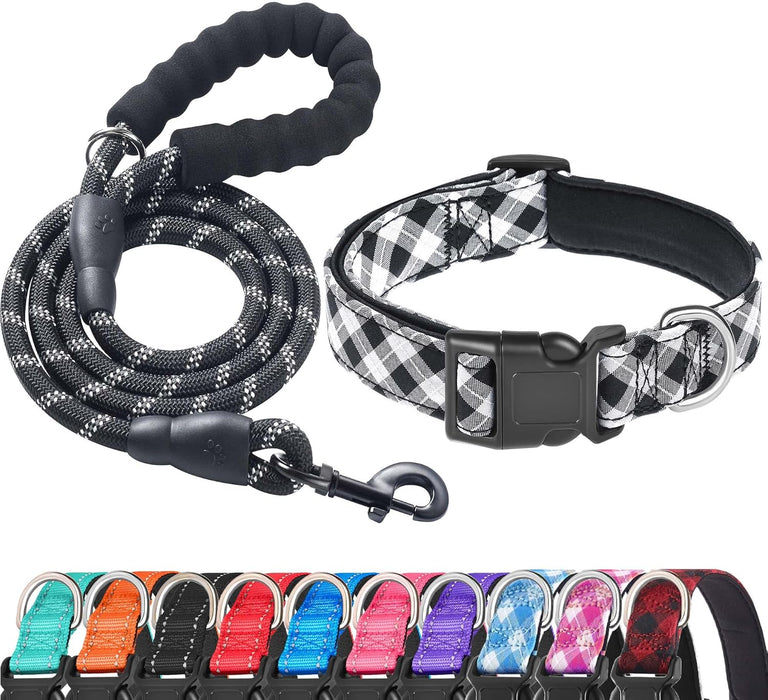 Reflective Dog Collar Padded with Soft Neoprene Breathable Adjustable Nylon Dog Collars for Small Medium Large Dogs (Medium (Pack of 1), Blue Collar+Leash)