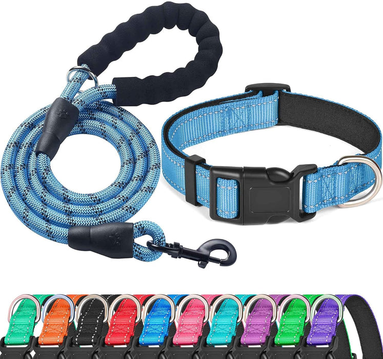 Reflective Dog Collar Padded with Soft Neoprene Breathable Adjustable Nylon Dog Collars for Small Medium Large Dogs (Medium (Pack of 1), Blue Collar+Leash)
