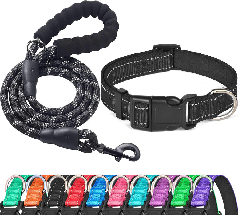Reflective Dog Collar Padded with Soft Neoprene Breathable Adjustable Nylon Dog Collars for Small Medium Large Dogs (Medium (Pack of 1), Blue Collar+Leash)