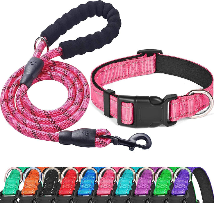Reflective Dog Collar Padded with Soft Neoprene Breathable Adjustable Nylon Dog Collars for Small Medium Large Dogs (Medium (Pack of 1), Blue Collar+Leash)