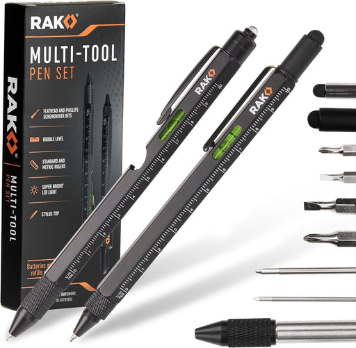 Multitool Pen - Multi-Tool Pens, LED Light, Flathead, Phillips Screwdrivers, Level, Ruler, Bottle Opener, and Stylus. Cool Gadgets Gifts for Men, Dad, EDC Pen Tool, Gift-Ready Box, Pack of 2