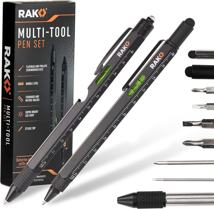 Multitool Pen - Multi-Tool Pens, LED Light, Flathead, Phillips Screwdrivers, Level, Ruler, Bottle Opener, and Stylus. Cool Gadgets Gifts for Men, Dad, EDC Pen Tool, Gift-Ready Box, Pack of 2
