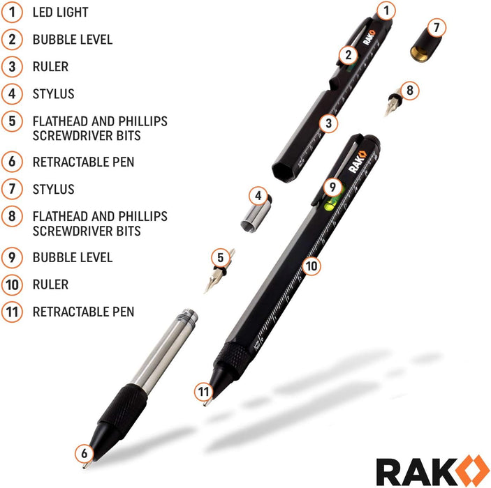 Multitool Pen - Multi-Tool Pens, LED Light, Flathead, Phillips Screwdrivers, Level, Ruler, Bottle Opener, and Stylus. Cool Gadgets Gifts for Men, Dad, EDC Pen Tool, Gift-Ready Box, Pack of 2