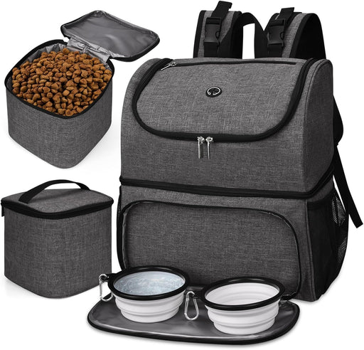 Pet Travel Bag, Double-Layer Pet Supplies Backpack (For All Pet Travel Supplies), Pet Travel Backpack with 2 Silicone Collapsible Bowls and 2 Food Baskets Grey