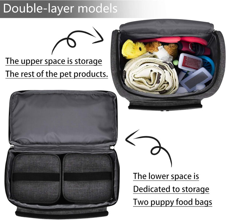 Pet Travel Bag, Double-Layer Pet Supplies Backpack (For All Pet Travel Supplies), Pet Travel Backpack with 2 Silicone Collapsible Bowls and 2 Food Baskets Grey