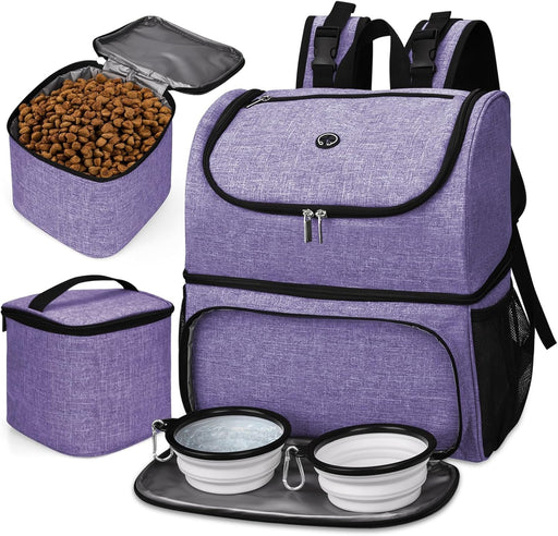 Pet Travel Bag, Double-Layer Pet Supplies Backpack (For All Pet Travel Supplies), Pet Travel Backpack with 2 Silicone Collapsible Bowls and 2 Food Baskets Grey