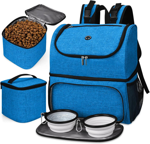 Pet Travel Bag, Double-Layer Pet Supplies Backpack (For All Pet Travel Supplies), Pet Travel Backpack with 2 Silicone Collapsible Bowls and 2 Food Baskets Grey
