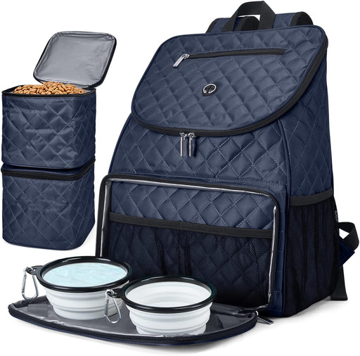 Pet Travel Bag, Double-Layer Pet Supplies Backpack (For All Pet Travel Supplies), Pet Travel Backpack with 2 Silicone Collapsible Bowls and 2 Food Baskets Grey