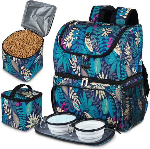 Pet Travel Bag, Double-Layer Pet Supplies Backpack (For All Pet Travel Supplies), Pet Travel Backpack with 2 Silicone Collapsible Bowls and 2 Food Baskets Grey