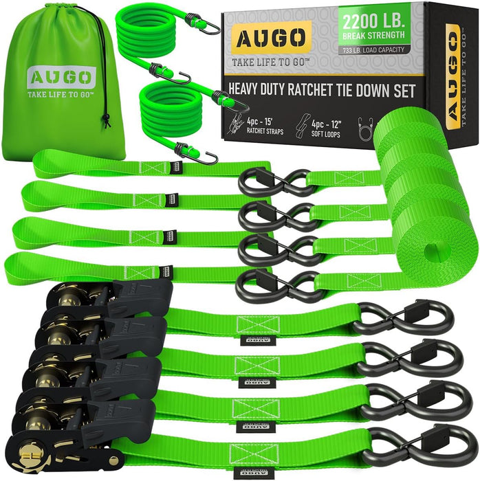 Ratchet Straps Heavy Duty 4 Pack -15 FT - 2200 LB Break Strength – with Safety Lock S Hooks - Cargo Straps for Moving, Appliances, Motorcycle – Soft Loop Tie down Straps