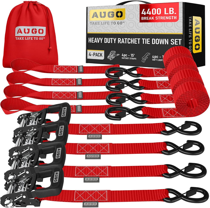 Ratchet Straps Heavy Duty 4 Pack -15 FT - 2200 LB Break Strength – with Safety Lock S Hooks - Cargo Straps for Moving, Appliances, Motorcycle – Soft Loop Tie down Straps