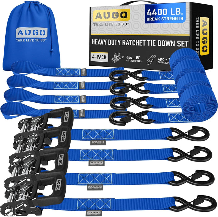 Ratchet Straps Heavy Duty 4 Pack -15 FT - 2200 LB Break Strength – with Safety Lock S Hooks - Cargo Straps for Moving, Appliances, Motorcycle – Soft Loop Tie down Straps