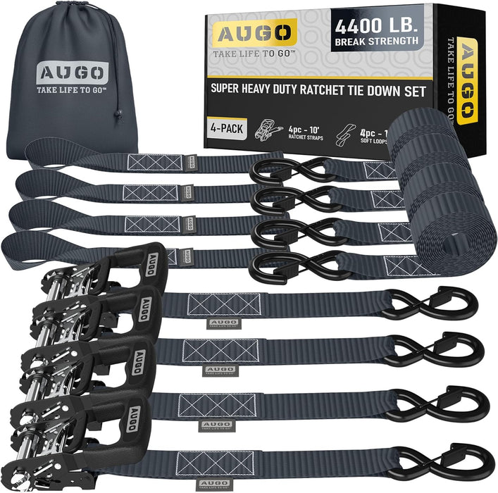 Ratchet Straps Heavy Duty 4 Pack -15 FT - 2200 LB Break Strength – with Safety Lock S Hooks - Cargo Straps for Moving, Appliances, Motorcycle – Soft Loop Tie down Straps
