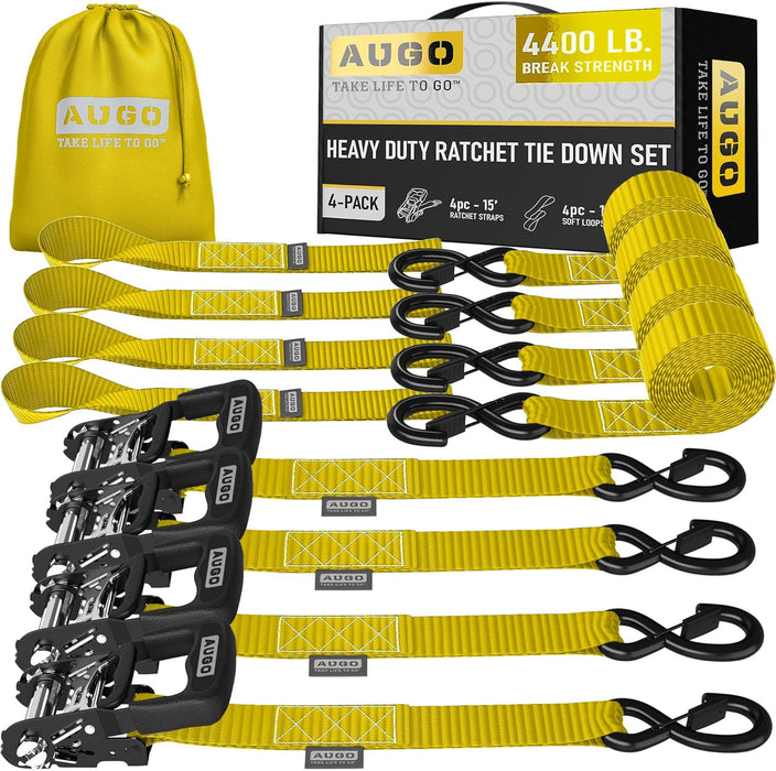 Ratchet Straps Heavy Duty 4 Pack -15 FT - 2200 LB Break Strength – with Safety Lock S Hooks - Cargo Straps for Moving, Appliances, Motorcycle – Soft Loop Tie down Straps