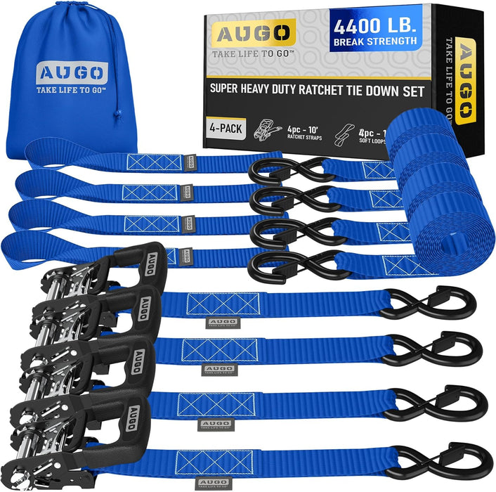 Ratchet Straps Heavy Duty 4 Pack -15 FT - 2200 LB Break Strength – with Safety Lock S Hooks - Cargo Straps for Moving, Appliances, Motorcycle – Soft Loop Tie down Straps