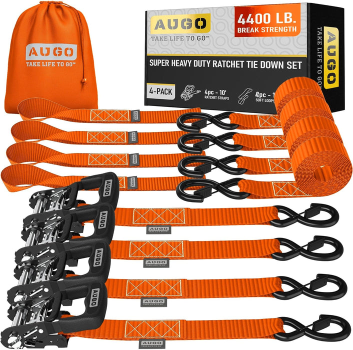 Ratchet Straps Heavy Duty 4 Pack -15 FT - 2200 LB Break Strength – with Safety Lock S Hooks - Cargo Straps for Moving, Appliances, Motorcycle – Soft Loop Tie down Straps