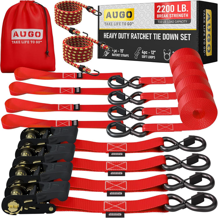 Ratchet Straps Heavy Duty 4 Pack -15 FT - 2200 LB Break Strength – with Safety Lock S Hooks - Cargo Straps for Moving, Appliances, Motorcycle – Soft Loop Tie down Straps
