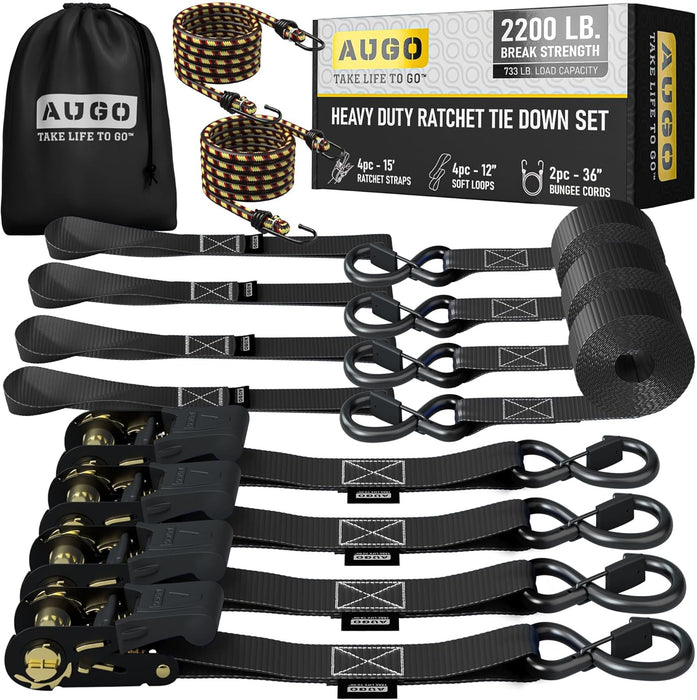 Ratchet Straps Heavy Duty 4 Pack -15 FT - 2200 LB Break Strength – with Safety Lock S Hooks - Cargo Straps for Moving, Appliances, Motorcycle – Soft Loop Tie down Straps