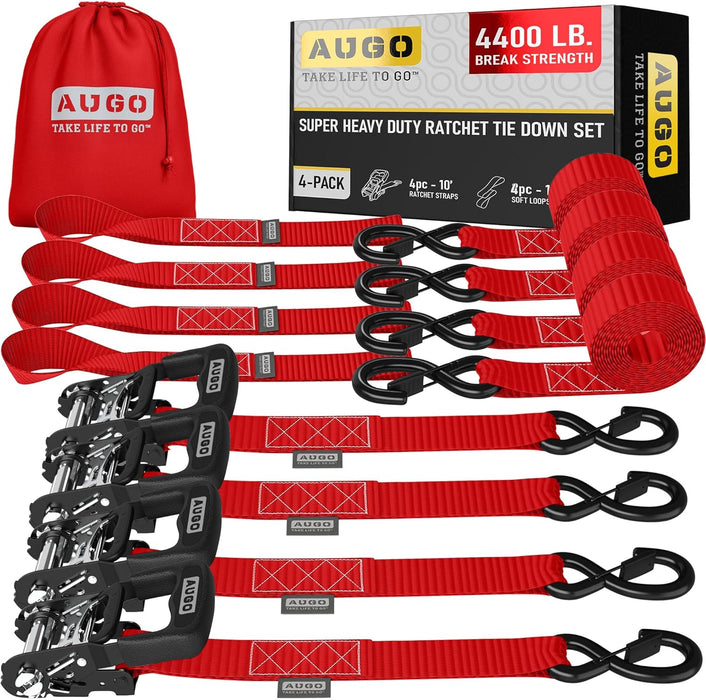 Ratchet Straps Heavy Duty 4 Pack -15 FT - 2200 LB Break Strength – with Safety Lock S Hooks - Cargo Straps for Moving, Appliances, Motorcycle – Soft Loop Tie down Straps