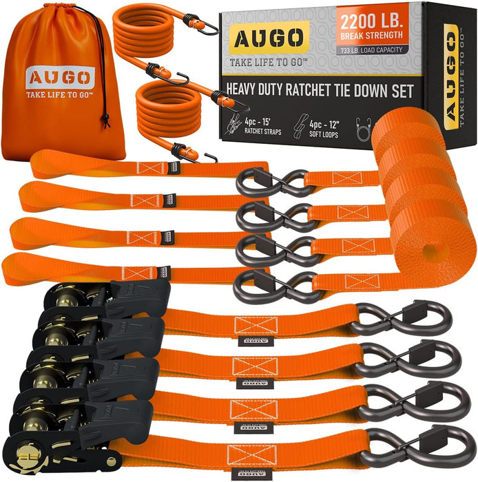 Ratchet Straps Heavy Duty 4 Pack -15 FT - 2200 LB Break Strength – with Safety Lock S Hooks - Cargo Straps for Moving, Appliances, Motorcycle – Soft Loop Tie down Straps