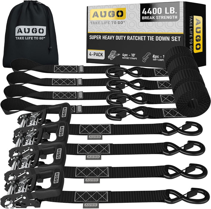Ratchet Straps Heavy Duty 4 Pack -15 FT - 2200 LB Break Strength – with Safety Lock S Hooks - Cargo Straps for Moving, Appliances, Motorcycle – Soft Loop Tie down Straps