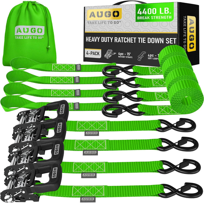 Ratchet Straps Heavy Duty 4 Pack -15 FT - 2200 LB Break Strength – with Safety Lock S Hooks - Cargo Straps for Moving, Appliances, Motorcycle – Soft Loop Tie down Straps