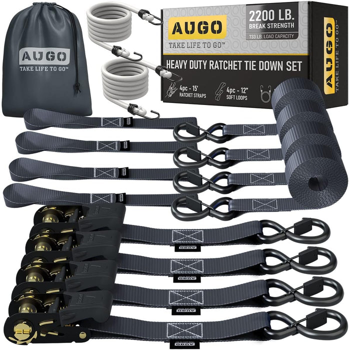 Ratchet Straps Heavy Duty 4 Pack -15 FT - 2200 LB Break Strength – with Safety Lock S Hooks - Cargo Straps for Moving, Appliances, Motorcycle – Soft Loop Tie down Straps