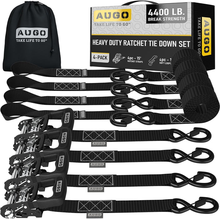 Ratchet Straps Heavy Duty 4 Pack -15 FT - 2200 LB Break Strength – with Safety Lock S Hooks - Cargo Straps for Moving, Appliances, Motorcycle – Soft Loop Tie down Straps