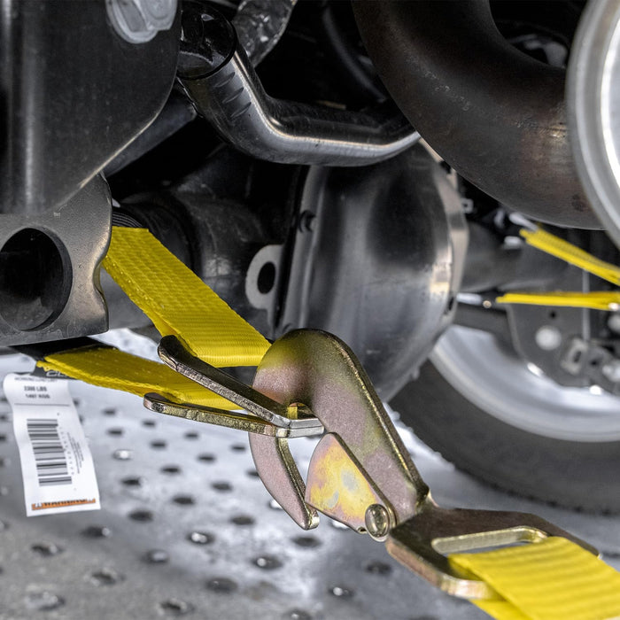 Complete Axle Strap Tie down Kit with Snap Hook Ratchet Straps - Classic Yellow - Includes (4) 22 Inch Axle Straps, (4) 36 Inch Axle Straps, and (4) 8' Snap Hook Ratchet Straps