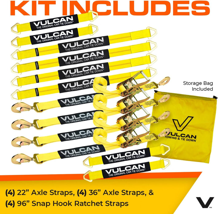 Complete Axle Strap Tie down Kit with Snap Hook Ratchet Straps - Classic Yellow - Includes (4) 22 Inch Axle Straps, (4) 36 Inch Axle Straps, and (4) 8' Snap Hook Ratchet Straps