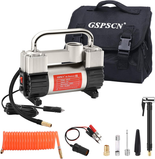 Silver Tire Inflator Heavy Duty Double Cylinders with Portable Bag- Car Accessories,Metal 12V Air Compressor Pump 150PSI with Adapter for Car, Truck, SUV Tires, Dinghy, Air Bed Etc