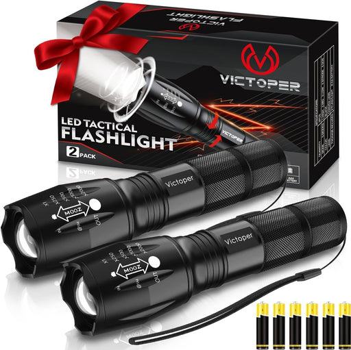 LED Flashlight 2 Pack, Bright Tactical Torch High Lumens with 5 Modes, Waterproof Zoomable Flash Light, Christmas Stocking Stuffers Gifts for Men, Hunting Camping Essentials Gear