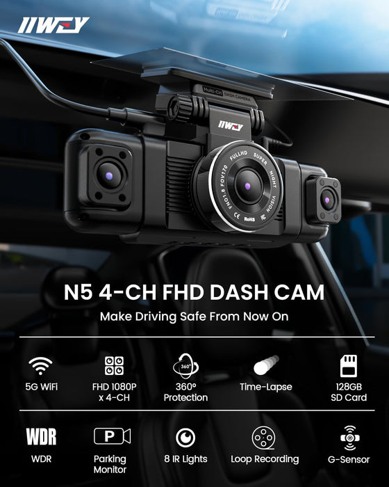 N5 4 Channel Dash Cam 360° View, 1080P Front and Rear Inside, Left Right Dash Camera for Cars, 8 IR Lamps Night Vision, 5G Wifi & APP Control, G-Sensor, Parking Mode, with a Free 128GB SD Card